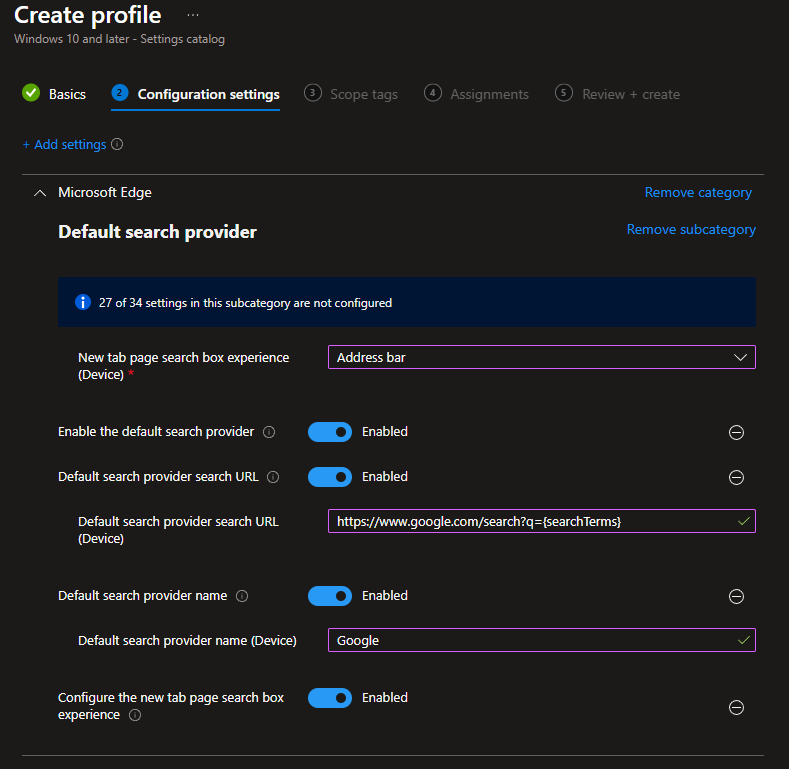 Configuring Google Chrome default search provider settings
